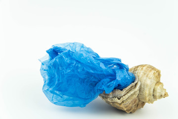 Fototapeta premium Plastic pollution in ocean concept. Carrier bags in sea shell. Shellfish in bad ecology concept.
