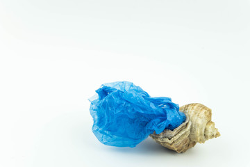 Fototapeta premium Plastic pollution in ocean concept. Carrier bags in sea shell. Shellfish in bad ecology concept.
