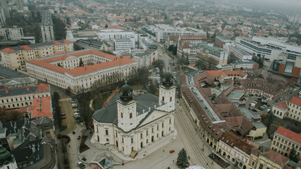 Historic city of Debrecen, Hungary. Old town with architecture, church and skyscrapers.