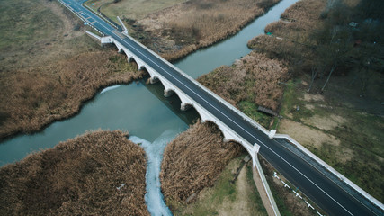 Drone shot of the nine arched bridge in hungarian national park. 