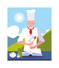 man cooking, chef in white uniform