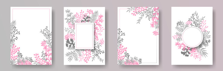 Cute herb twigs, tree branches, leaves floral invitation cards collection. Bouquet wreath elegant invitation cards with dandelion flowers, fern, lichen, olive branches, sage twigs.