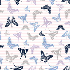 Flying butterfly silhouettes over striped background vector seamless pattern.