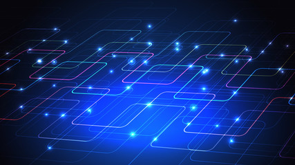 Vector illustration of a techno technology design of luminous lines on a dark blue background. The modern concept of digital technology. EPS 10.
