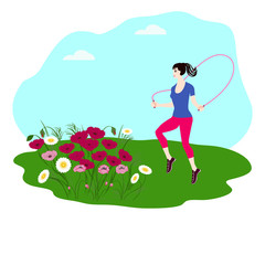 Girl jumping rope - wildflowers - abstract icon - isolated on white background - vector. Camping