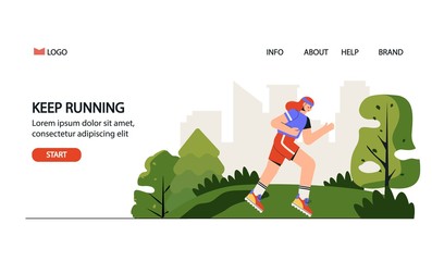 Marathon landing page template. Healthy lifestyle concept, summer outdoor, training, cardio exercising. Women jogging or running in the park. Flat style vector illustration on white background.