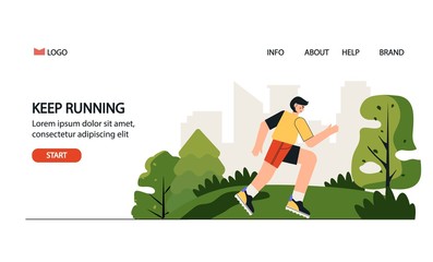 Marathon landing page template. Healthy lifestyle concept, summer outdoor, training, cardio exercising. Men jogging or running in the park. Flat style vector illustration on white background.