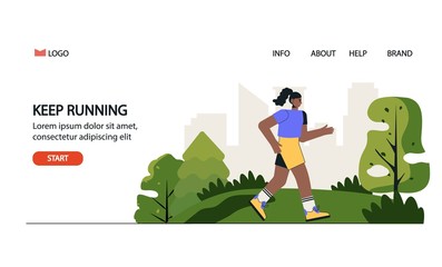 Marathon landing page template. Healthy lifestyle concept, summer outdoor, training, cardio exercising. Women jogging or running in the park. Flat style vector illustration on white background.
