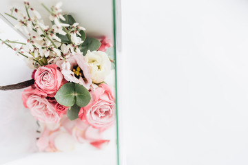 Beautiful spring bouquet with tender pink flowers, elegant floral decoration