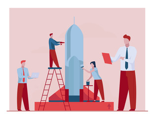 Team repairing and painting rocket for launch. Startup group, using laptop flat vector illustration. New project, business, idea concept for banner, website design or landing web page