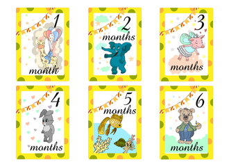 Baby Months Cards. Set of cute stickers with animals for babies