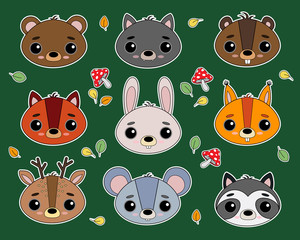 Set of cute wild forest animals with big eyes. Vector illustration. Mushrooms, leaves. Stickers, postcards, holidays, children's books, banner, printing.