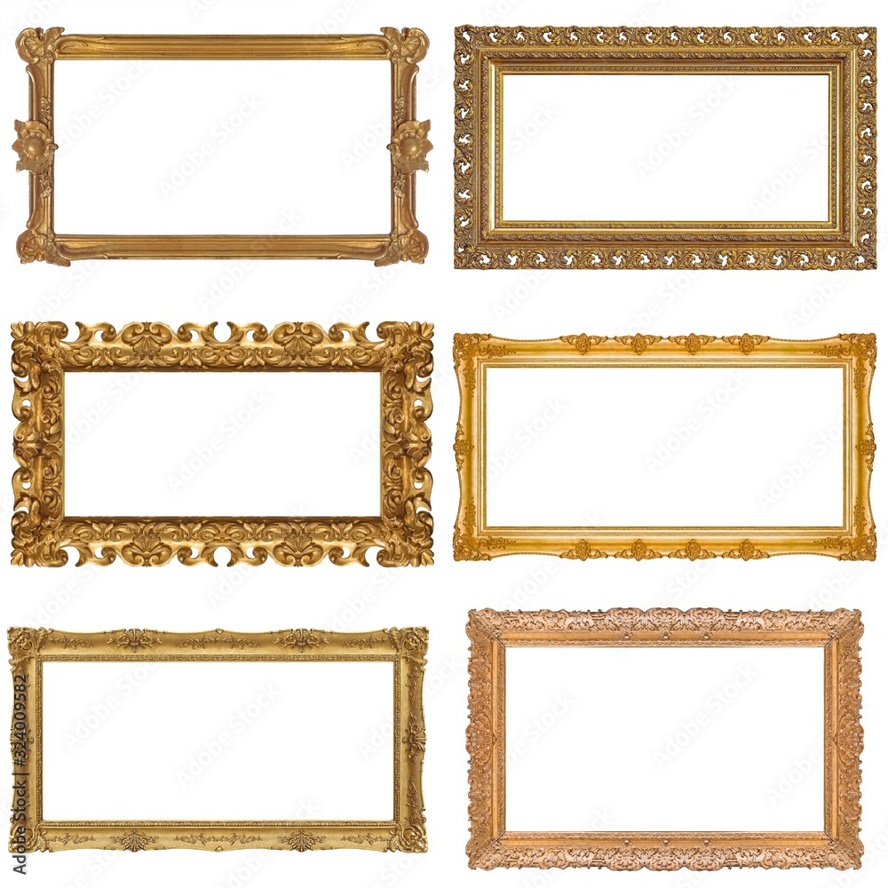 Poster set of panoramic golden frames for paintings, mirrors or photo isolated on white background