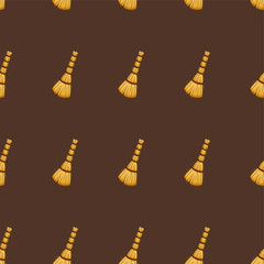Cartoon besoms for cleaning seamless pattern on brown background