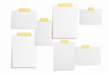 Moodboard template composition with blank photo cards, torn paper, polaroid frame glued with yellow adhesive tape and isolated on white for easy editing.