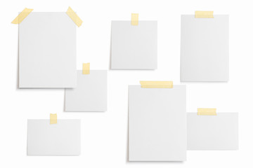 Moodboard template composition with blank photo cards, torn paper, polaroid frame glued with yellow adhesive tape and isolated on white for easy editing.
