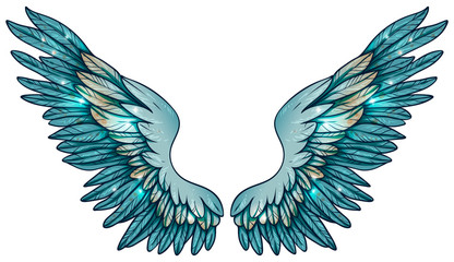 Fototapeta premium beautiful magic shimy glittery blue angel wings with a light touch of beige color, hand drawn vector