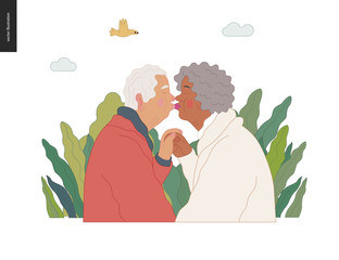 Medical insurance -senior citizen health plan -modern flat vector concept digital illustration of a happy elderly couple, standing embraced together holding their hands. Medical insurance plan.