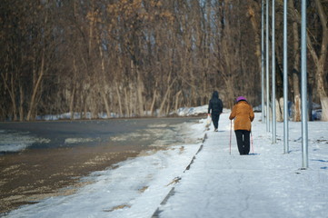people walking in park in winter