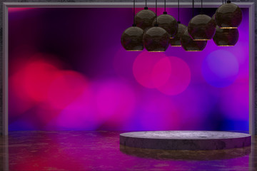 3D Rendering,Empty marble table for display of products in front of restaurant , night bar or night club abstract blur background,empty copy space for party, promotion social media banners, posters