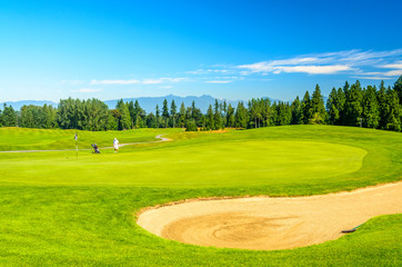 Golf course with gorgeous green and sand bunker