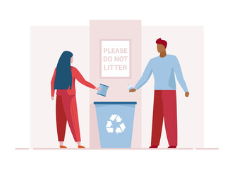 Man and woman throwing litter in recycling bin. Mindful couple tossing garbage flat vector illustration. Ecology, recycling, environment concept for banner, website design or landing web page