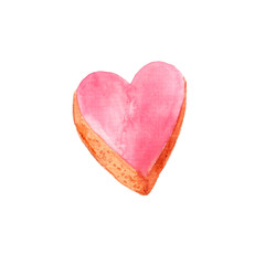 Watercolor single hand drawn valentine cookies isolated on white. Pink heart shaped Romantic symbol. Element design for Valentine's postcard, wedding, invitation, card,greeting