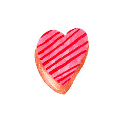 Watercolor beautiful cookie shaped of hearts with pink glaze and red stripes. Single hand drawn illustration isolated on white. Design for postcard, invitation, wedding, poster, kids, valentine