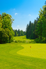 Golf place with gorgeous green and sand bunker.