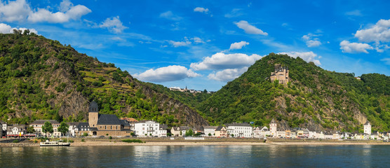 Katz Castle on Rhine River Bank, romantic famous German castle on Rhine valley landscape at beautiful summer day in Germany.