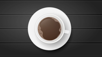 Cup of coffee on the table top view. White cup with a coffee drink in the center of the picture. Black background. Espresso, Americano. Vector illustration.