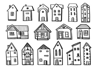 Set houses in hand drawn doodle style isolated on white background. Vector outline stock illustration architecture.