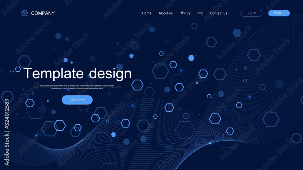 Wall mural website template design. asbtract scientific background with colorful dynamic waves, hexagonal innov