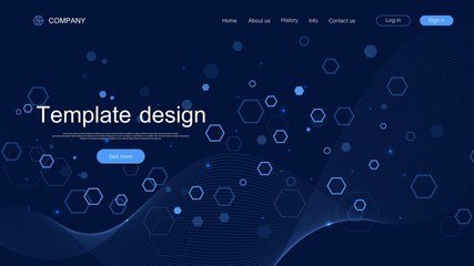 Website template design. Asbtract scientific background with colorful dynamic waves, hexagonal innovation pattern. Modern landing page for websites or apps. Vector illustration.