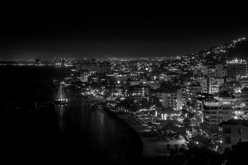Black and White Scenic Night View of Puerto Vallarta, Jalisco, Mexico
