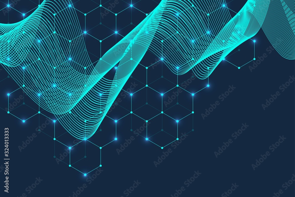 Leinwandbilder Technology abstract lines and dots connect background with hexagons. Hexagons connection digital data and big data concept. Hex digital data visualization. Vector illustration.