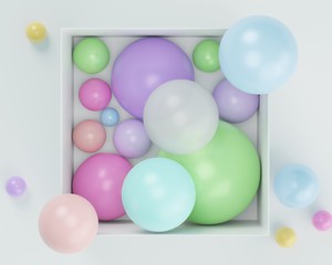 3d render top view of colorful pastel balls that contain inside box with white background.