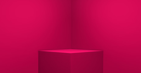 3D rendering of pink magenta background with squares for empty pedestal, blank stand for product and display on pink minimal background - obrazy, fototapety, plakaty