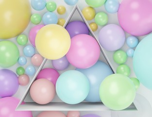 3d render top view of colorful pastel balls that contain inside box with white background.