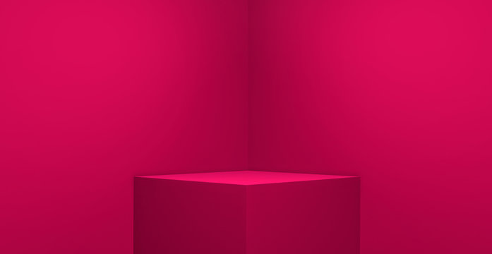 3D rendering of pink magenta background with squares for empty pedestal, blank stand for product and display on pink minimal background