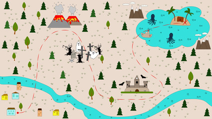  Children's cartoon treasure map in flat vector style. illustration