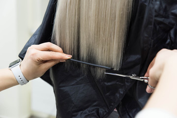 Young blondie having haircut and hairstyle in beauty salon. Professional hairdresser cut straight client’s hair after hair care beauty procedures.