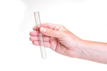 Hand holding laboratory test tube. Concept of chemical analysis. Isolated on white background. Copy space.