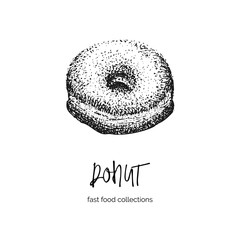 Hand drawn ink sketch donut. Engraving style. Fast food breakfast collection. Good idea for your cafe menu design, street festival flyer, sticker, tattoo, fashion print.