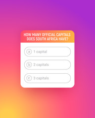 Quiz template for social media application. Poll with question and answer option on colored gradient background. Quiz ui interface with buttons.