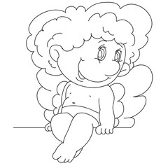 funny cute angel sitting spreading its wings and chatting with small legs, outline drawing, isolated object on a white background,