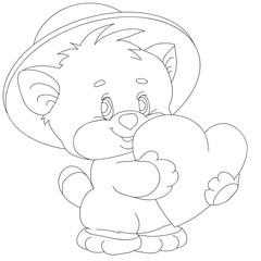cute character of a kitten in a hat holds a heart in its paws and hugs, drawing in outline, isolated object on a white background,