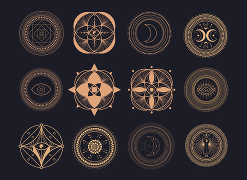 Vector Set of Circle Geometric Ornaments. Geometric mandalas alchemy symbol. Abstract occult and mystic signs. Black background.