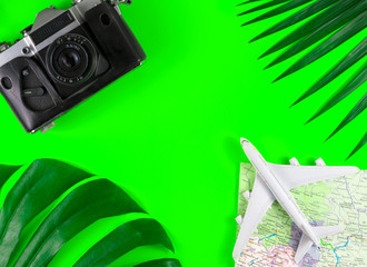 Summer travel concept. Old film camera, airplane shell and palm leaves on green background.