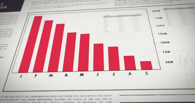 Newspaper with a chart showing negative development. Financial information on paper - Falling number diagram. Decreasing sales.
